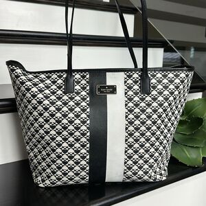 Kate Spade Black White Heart Geo Tote Shoulder Bag Purse Zip Top Canvas Leather
